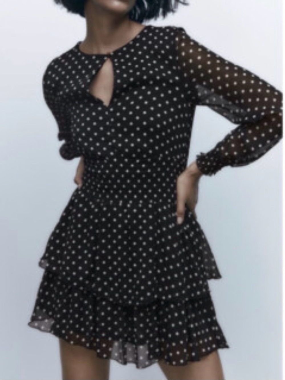 Zara Polka Dot Sheer Long Sleeve Mini Dress Ruffle Skirt Smocked Waist Feminine
